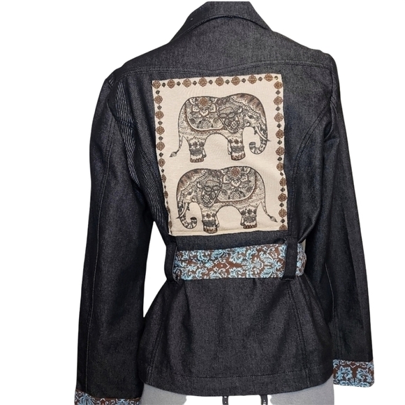 Handcrafted One Of Kind Elephant Themed Denim Jacket Size L - Picture 3 of 10